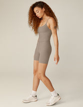 brown slim strapped 5" inseam short jumpsuit.
